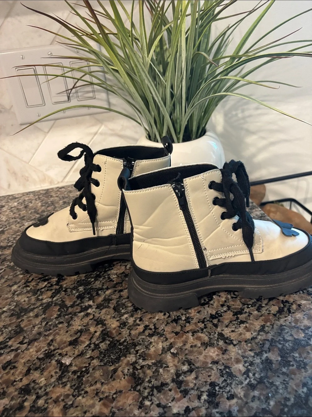Kids Cream and Black Lace-Up Platform Boots